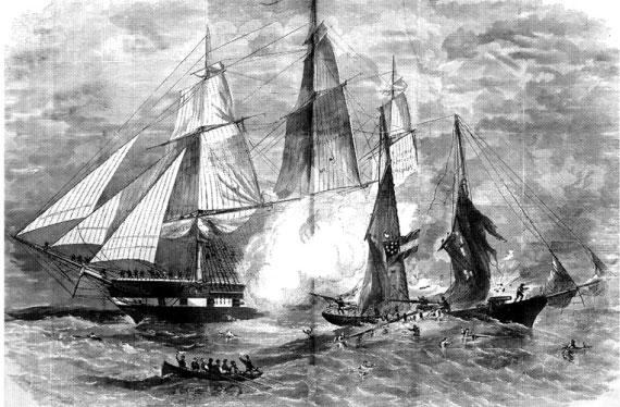 Американский фрегат «Святой Лоуренс» атакует приватиров на судне «Петрел» («Харперз Викли», август 1861 г.)